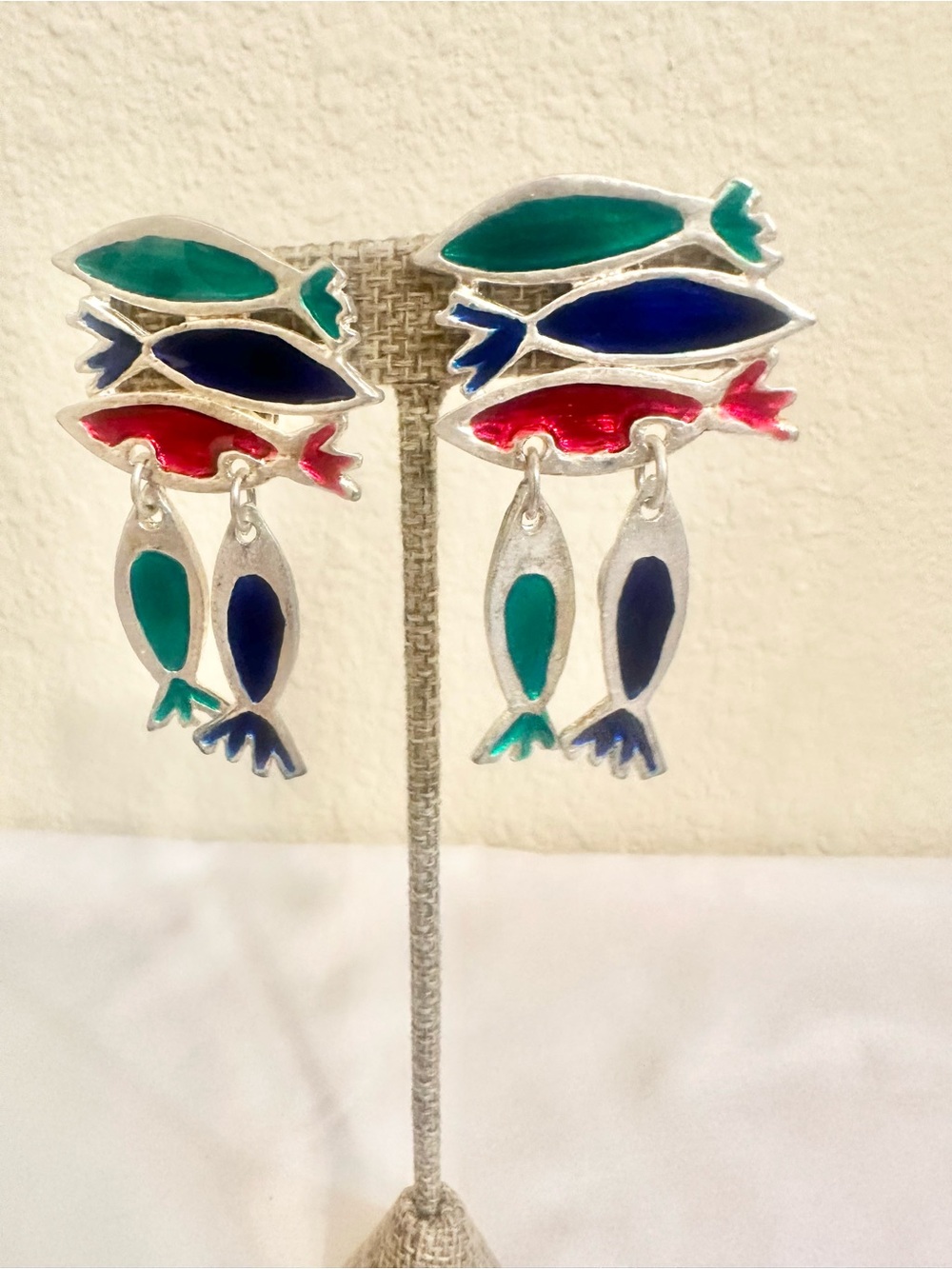 VTG Silver Tone Enamel Fish Drop Earrings - Multi Color
